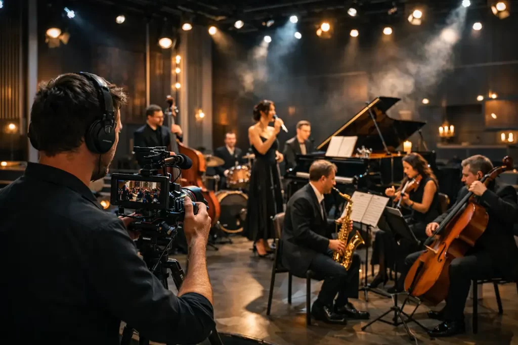 Koncertvideós jazz és klasszikus zenei együttes fellépését rögzíti egy modern koncerthelyszínen.